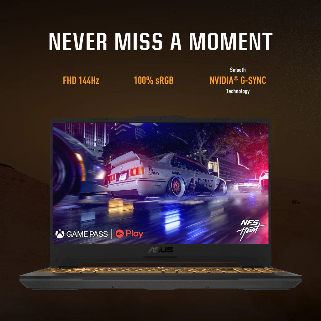 Gaming laptop with a racing game on screen, featuring NVIDIA G-SYNC technology. Gaming laptop with a racing game on screen, featuring NVIDIA G-SYNC technology.